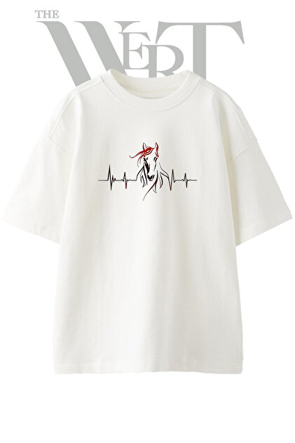 Horse Heartbeat Design Printed Unisex White Oversize T-Shirt