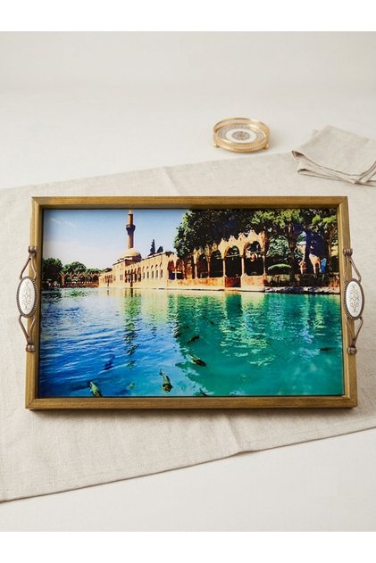Ceramic Handmade Urfa City Patterned Tray with Wooden Edges, Decorative Tea and Coffee Serving Tray 43X28X6