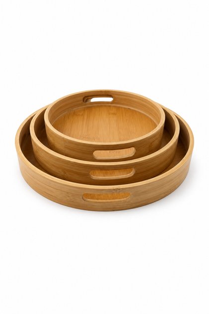 Set of 3 Round Trays with Bamboo Handles - Decorative, Bohemian, Scandinavian, Modern