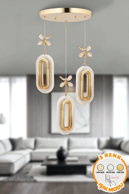 Modern 3'Lü Kobe 3 Renk Işık Özellikli Gold Kaplama Sarkıt Led Avize Salon Mutfak Avize SR-23-3Lü