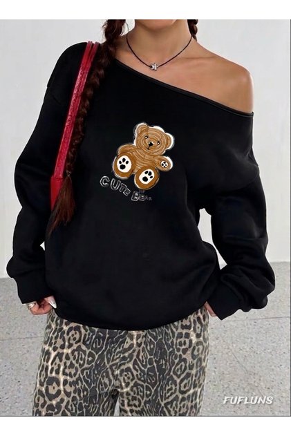 Cute Bear Printed Oversized Women's Boat Neck Sweatshirt