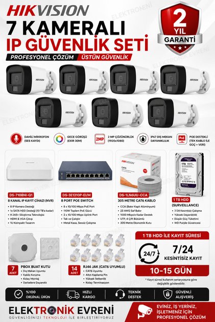 7'li IP Kamera Güvenlik Seti | 2MP Ses Kayıtlı | DS-7108NI-Q1 NVR | DS-3E1310P-EI/M PoE Switch | 1TB HDD | 305m CAT6