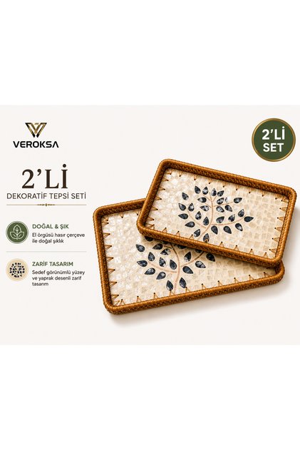 Set of 2 Wicker Decorative Trays | Tree of Life Patterned Presentation and Decoration Tray | 34X24 cm + 30X20 cm