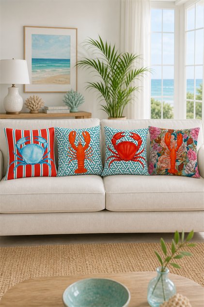 Marine Themed Decorative Throw Pillow Covers Set of 4 Crab and Lobster Patterned Sofa Pillow Covers 43X43 cm