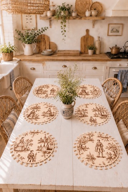 6-Piece Duck Fabric Tufted Placemat American Service Set - Vintage Bohemian French Chateau Pattern Round Table Decor