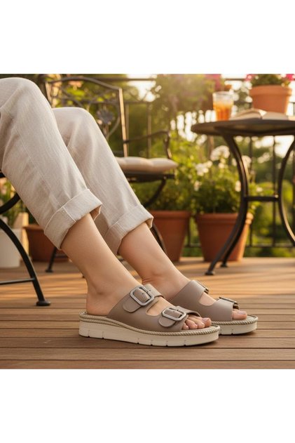 251646 Women's Genuine Leather Double-Strapped Daily Anatomical Sole Slippers