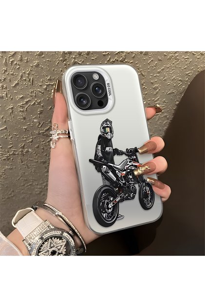 iPhone 16 Pro Max Compatible Motorcycle Rider Drawing with Helmet Printed Men's Style Phone Protective Case