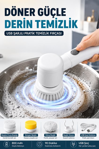USB Şarjlı Kablosuz Döner Temizlik Fırçası 3 Başlıklı Çok Amaçlı Mutfak Banyo Temizlik Seti