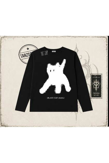 Unisex Black Cat Pixel Biskilet Yaka Long Sleeve Beyaz
