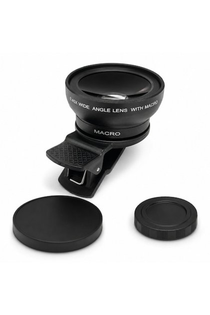 Lentilă 2 în 1 cu clemă pentru telefon, Unghi larg 0.45X + Macro, lentile din sticlă optică, compatibil cu Samsung, iPhone și alte smartphone-uri, Focalizare AF/MF, Negru