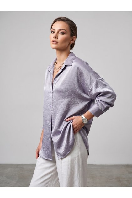 Women's Lilac Satin Silky Textured Shirt Oversized Flowy Long Sleeve Stylish Shirt