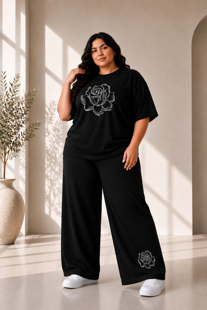 Women's Plus Size Rose Print Oversize 2-Piece Tracksuit Set Wide Leg Crew Neck Comfortable Fit Casual XL 2XL 3XL 4XL 5XL 6XL 7XL 8XL