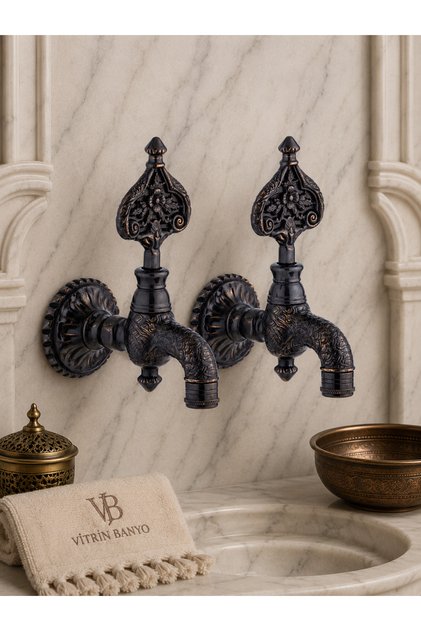 2 Pieces Ottoman Bath Faucet Copper Oxide Color Patterned Heavy Model Kurna Faucet Compatible with All Bathrooms (with Polisher)
