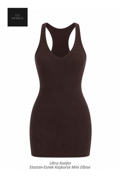 Brown Women's Stretchy Camisole Ribbed Look Halter V-Neck Dress