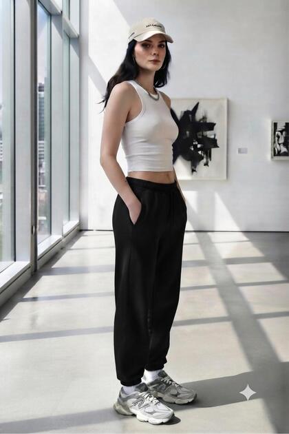 Women's Black Summer Elastic Waist Sweatpants