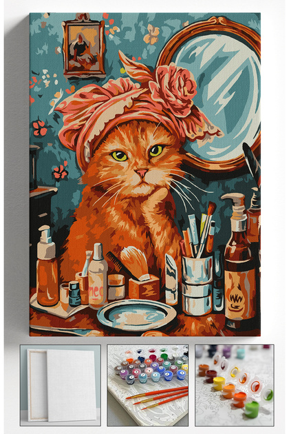 Sayılarla Boyama Hobi Seti Çerçeveli Numaralı Tuval Fırça Boya Dahil 40x50 Cm - SÜSLÜ KEDİ
