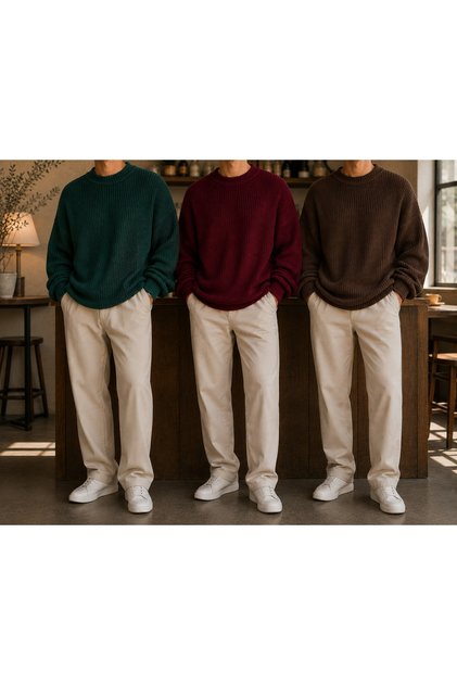 Men's 3-Piece Crew Neck Oversize Knitwear Sweater Soft Knitted Sweater