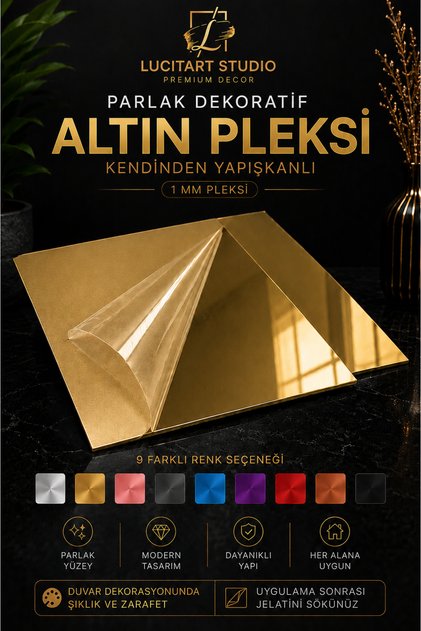 LucitART Kendinden Yapışkanlı Parlak Dekoratif Pleksi Kare Duvar Paneli | 9 Renk Seçeneği | Modern Duvar Dekoru