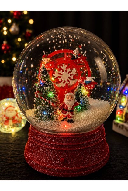 Lunaparktan dönme dolaplı, otomatik kar püskürtmeli, ışıklı ve müzikli Noel kar küresi, Ø25x30cm