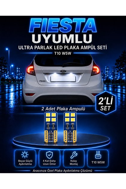 Ford Fiesta Uyumlu T10 W5W LED Plaka Ampulü 2 Adet Ultra Parlak Beyaz Uzun Ömürlü Set