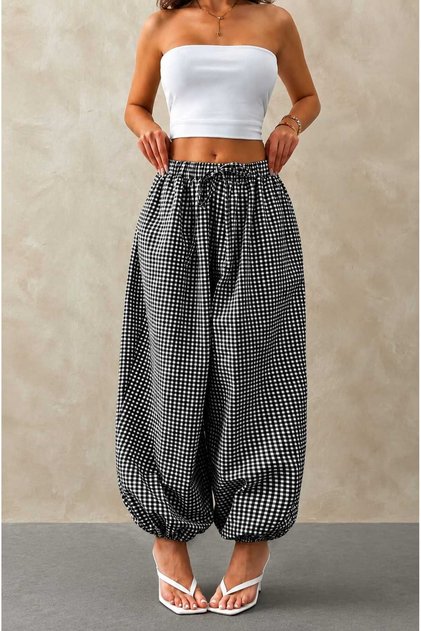 Women's Black Plaid Patterned Comfortable Fit Loose Trousers