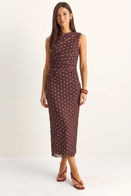 Women's Draped Polka Dot Lined Midi Bitter Brown Dress