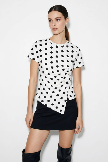 Women's Polka Dot Patterned Crew Neck Draped Asymmetrical Cut White Black Blouse