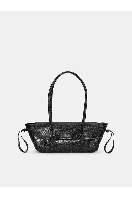 Crocodile Skin Look Baguette Shoulder Bag-Black