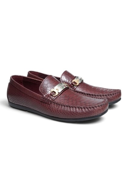 Burgundy Sneak Print Burgundy Color Laceless Genuine Leather Men's Shoes