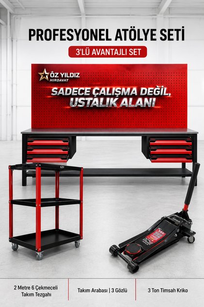3 Ton Araç Kriko, 2 Metre 6 Çekmeceli Takım Tezgahı, 3 Gözlü Takım Araba Seti