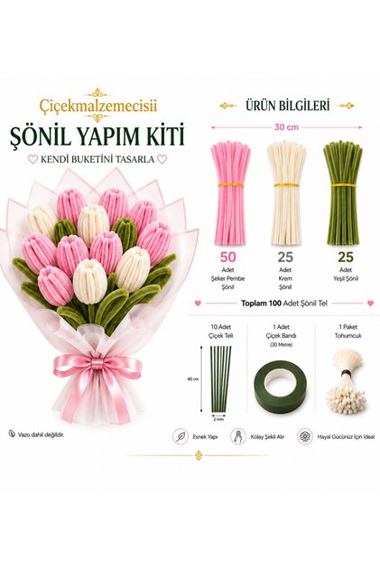 Şönil Yapım Kiti Full Set | 100 Adet Şönil + 40 cm Çiçek Teli + 30 m Çiçek Bandı + 1 Paket Tomurcuk | Şeker Pembe Krem Yeşil