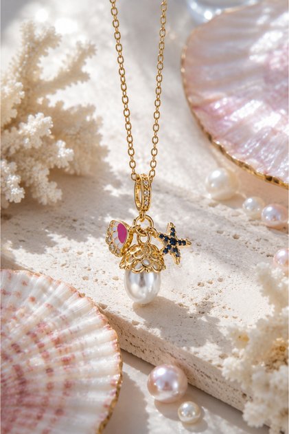 Oceana Pearl and Starfish Charm Steel Necklace (Gold Color)