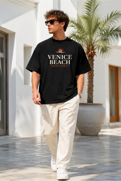 Unisex Black Oversize T-Shirt Short Sleeve Summer Combed Cotton Summer T-Shirt Minimal Venice Beach Printed Black Oversize T-Shirt