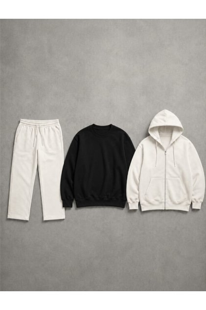 Unisex Design White Straight-Leg Baggy Sweatpants Black Crew-Neck Sweatshirt White Zip-Up Cardigan 3-Piece Set