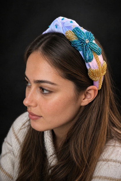 Bym2007-1 Light Lilac Blue Flower Embroidered Women's Hair Crown Henna Engagement Accessory