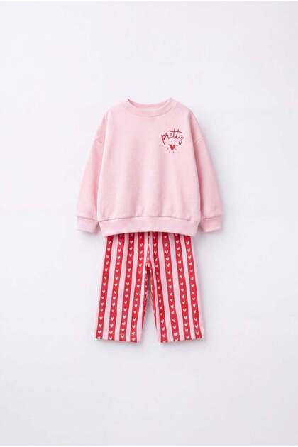 Girl's Cotton Pink Sweatshirt and Red Heart Patterned Striped Tracksuit Set