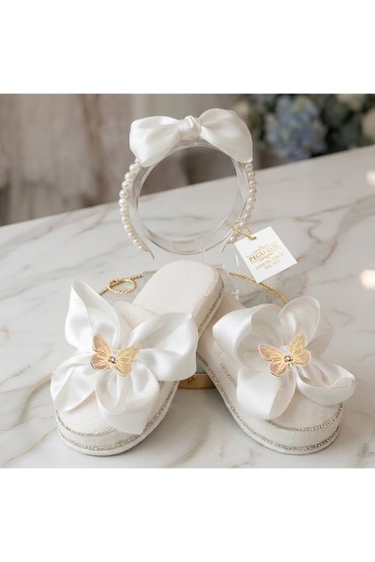 Pegu Crystal Stone Satin Butterfly Bow Maternity Slippers Crown Set, Handmade, Special Design, Bride, Bun, Maternity, Pregnant..