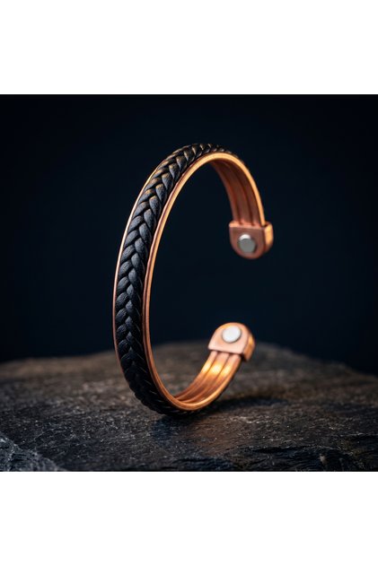 Copper Bracelet with Black Braid Detail and Magnet Tip Open Handcuff Men's Accessory