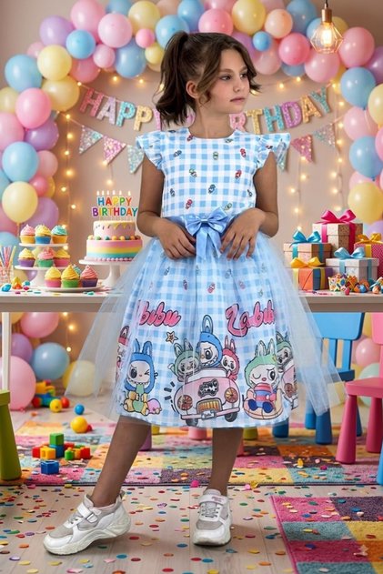 Girl's Labubu Printed Tulle Detailed Gingham Birthday and Party Dress