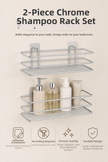 Chrome 2-Piece Tş01 Shampoo Rack Set Adhesive Bathroom Shelf Shower Shelf Organizer – Set of 2 (Tş01)