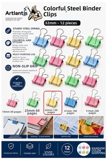 Colorful Steel Clamp Clips 32 mm 12 Pieces Paper Clips Colorful Metal Clips Binder Clips Clamp 120 Sa