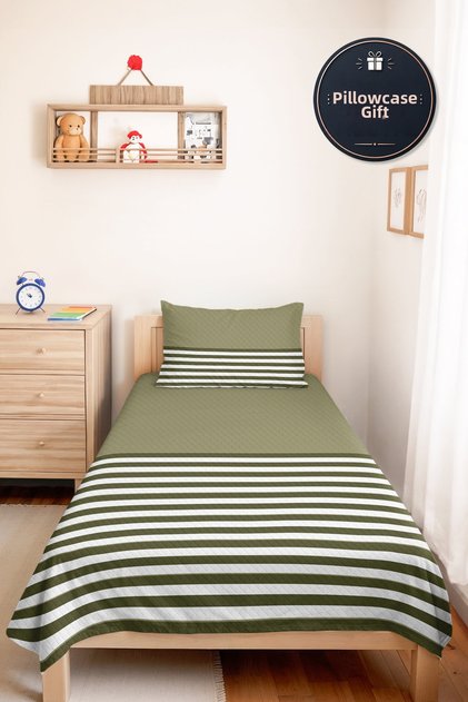 Striped Green Bohemian Single Pique Set - White Khaki Geometric 160X220 cm Seasonal Bedspread