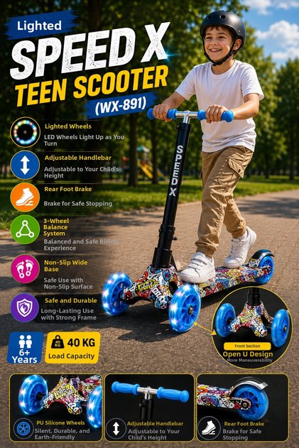 Blue Wheel Lighted Speedx Teen Scooter Wx-891 3-Wheel Kids Scooter with Adjustable Handlebars