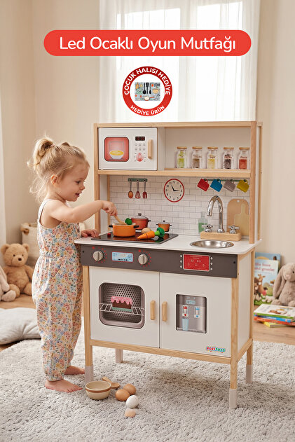 ROZİTOYS Ahşap Oyuncak Mutfak Montessori Mutfak, Led Ocaklı Çocuk