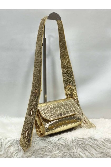 Women's Gold Crocodile Baguette Leather Stylish Event Hand and Shoulder Bag with Adjustable Strap