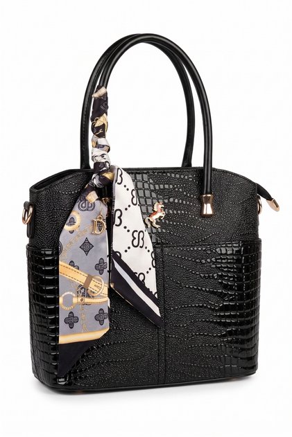 Patent Leather Black 5-Compartment Women's Scarf Bag with Accessories and Hand and Shoulder Straps