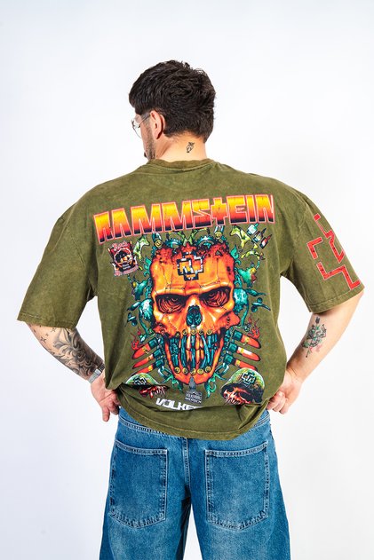 Rammstein Völkerball Baskılı Oversize Unisex Yıkamalı Yeşil Tshirt