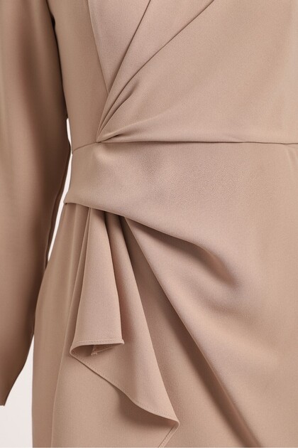 Modamorfo Asymmetrical Crepe Dress with Allerli Skirt -Beige- Trendyol