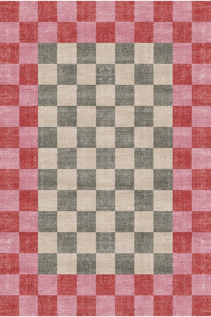 Modern Plaid Carpet with Non-Slip Base - Pink Orange Green Checkered 2296