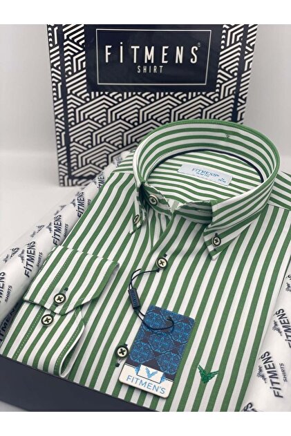 Slim Fit Uzun Kol Likralı Çizgili Yaka Düğmeli Hediye Kutulu Erkek Gömlek FS-003669 - Yeşil